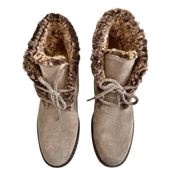 Vicini Suede Fur Lined Boots Ankle Booties Brown Heeled Lace Up Size 38 7.5 - Picture 3 of 11